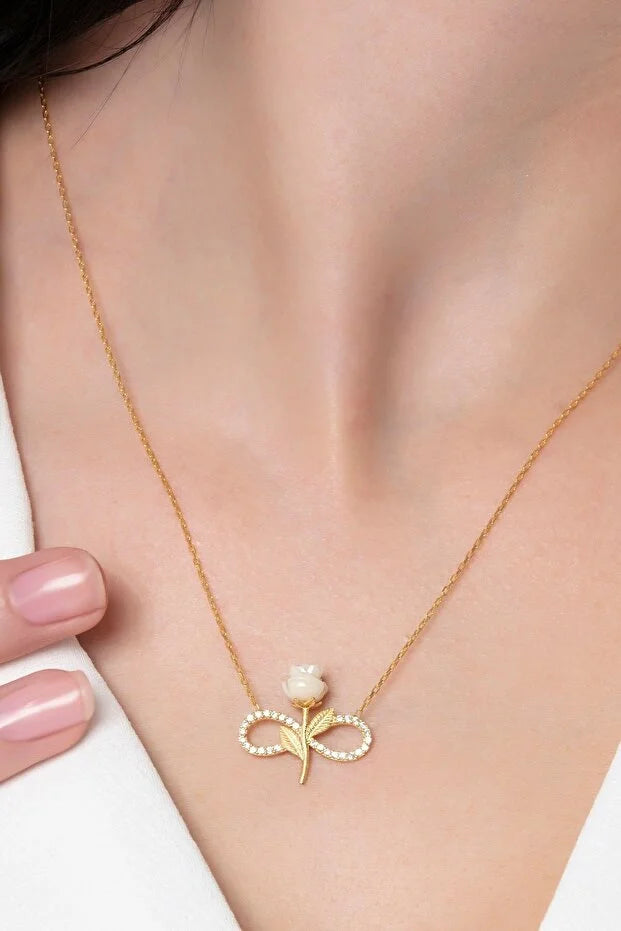 925 Sterling Silver Gold Plated White Rose Infinity Necklace Zircon